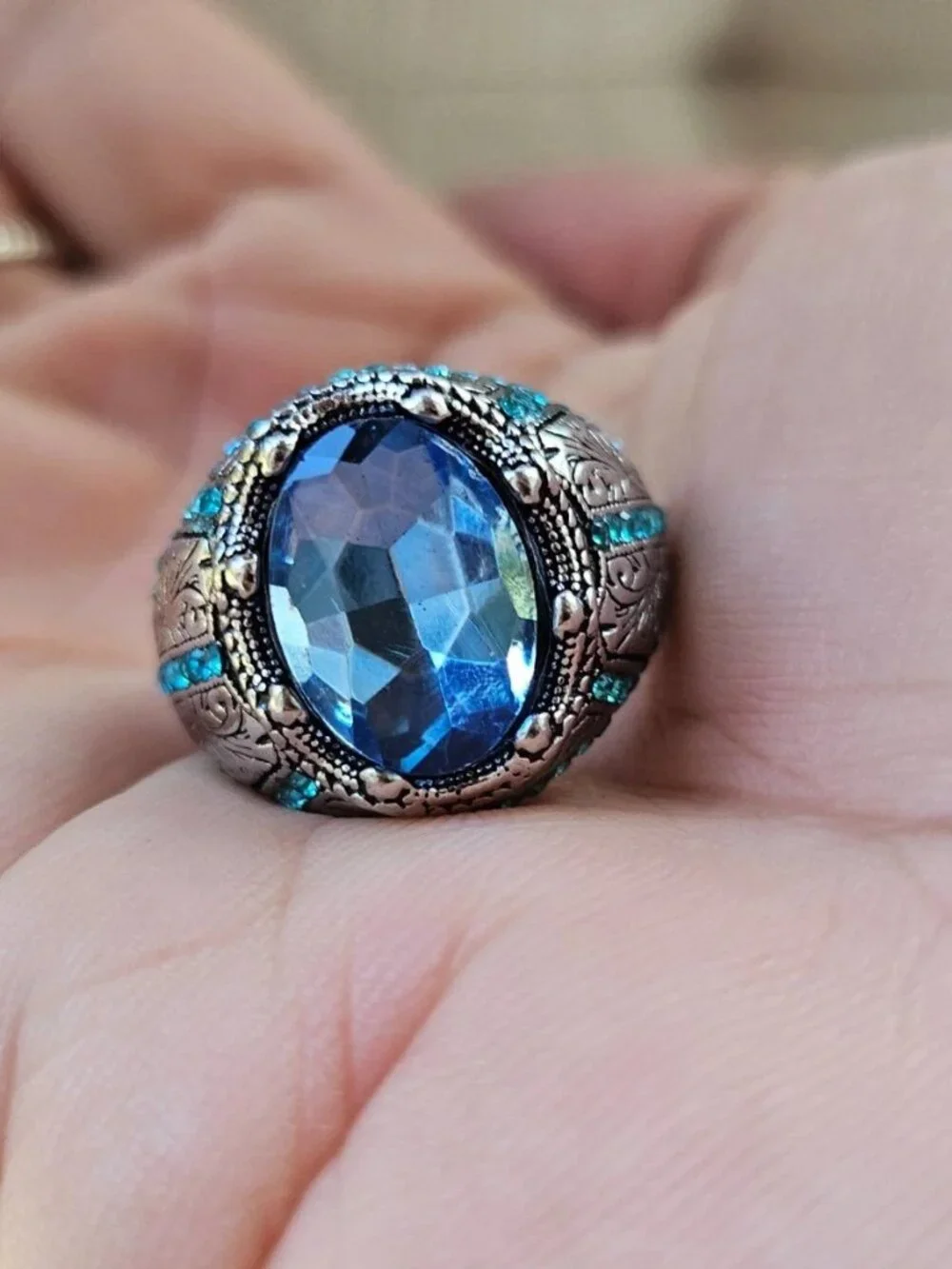Turkish Style Men Ring Blue Crystal Centered Fashion Jewelry Size 10 New